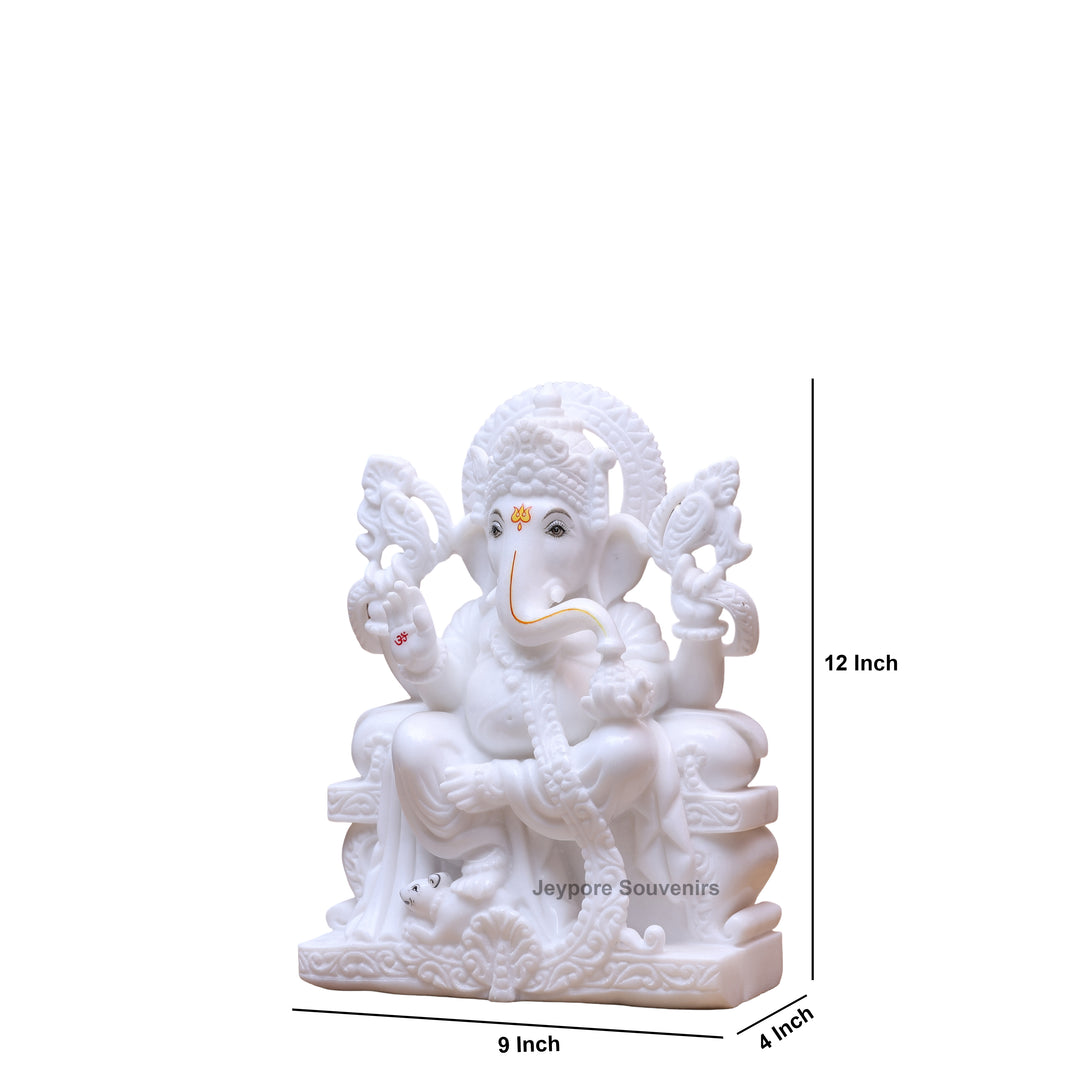 12" Pure White Marble Lord Ganesha Statue