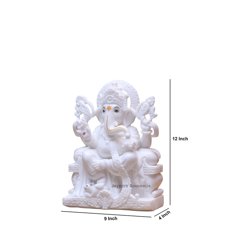 12" Pure White Marble Lord Ganesha Statue