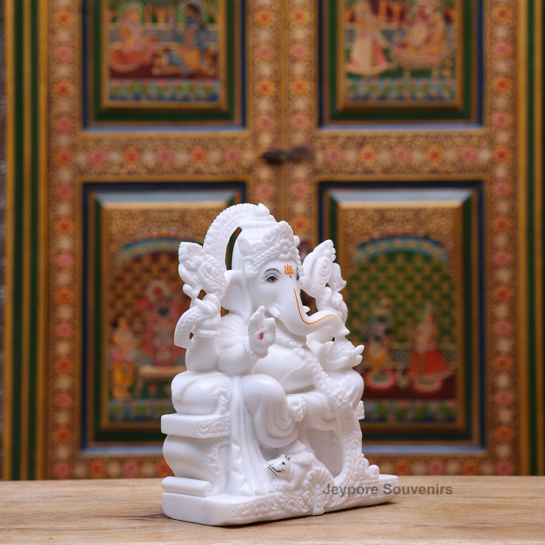 12" Pure White Marble Lord Ganesha Statue