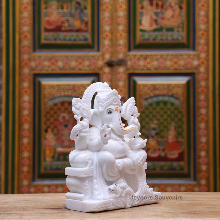 12" Pure White Marble Lord Ganesha Statue
