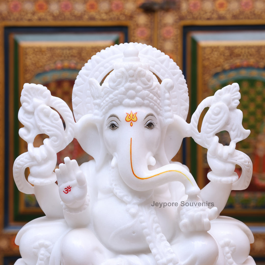 12" Pure White Marble Lord Ganesha Statue