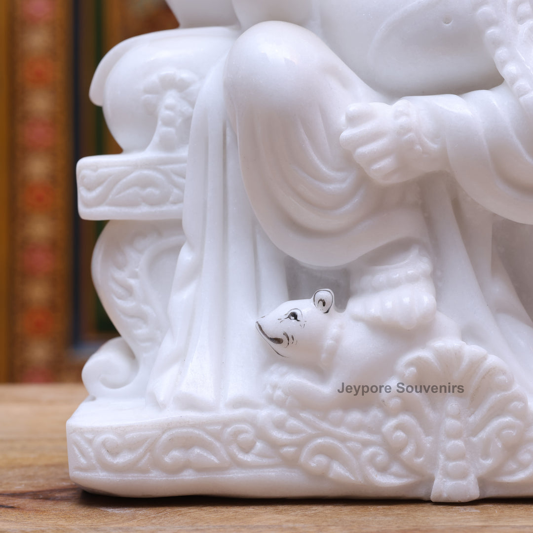 12" Pure White Marble Lord Ganesha Statue