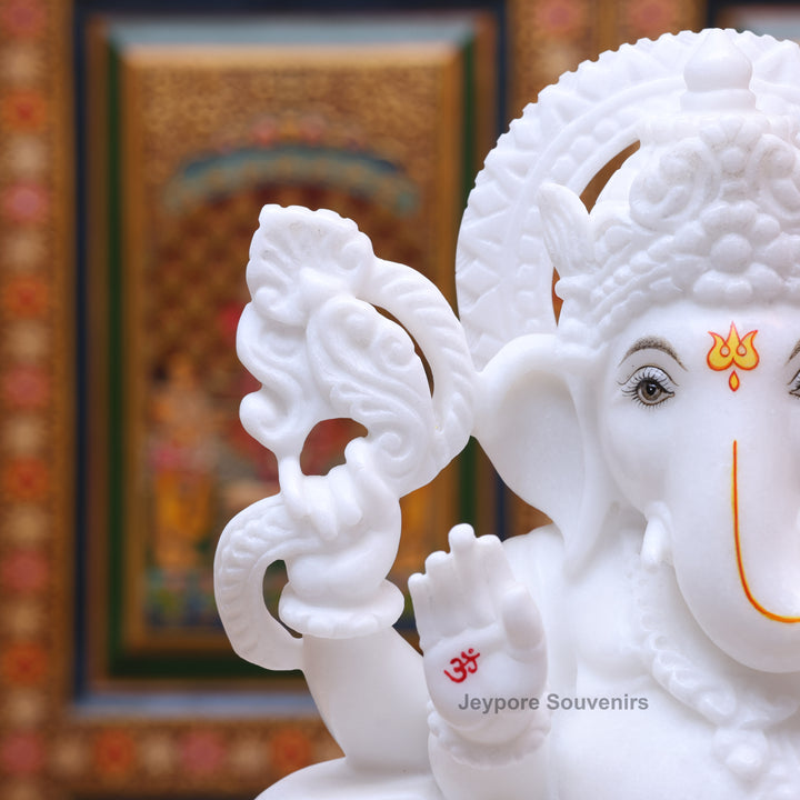 12" Pure White Marble Lord Ganesha Statue