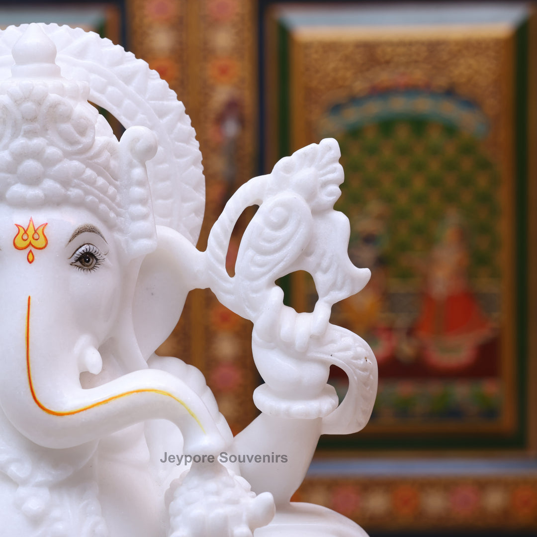 12" Pure White Marble Lord Ganesha Statue