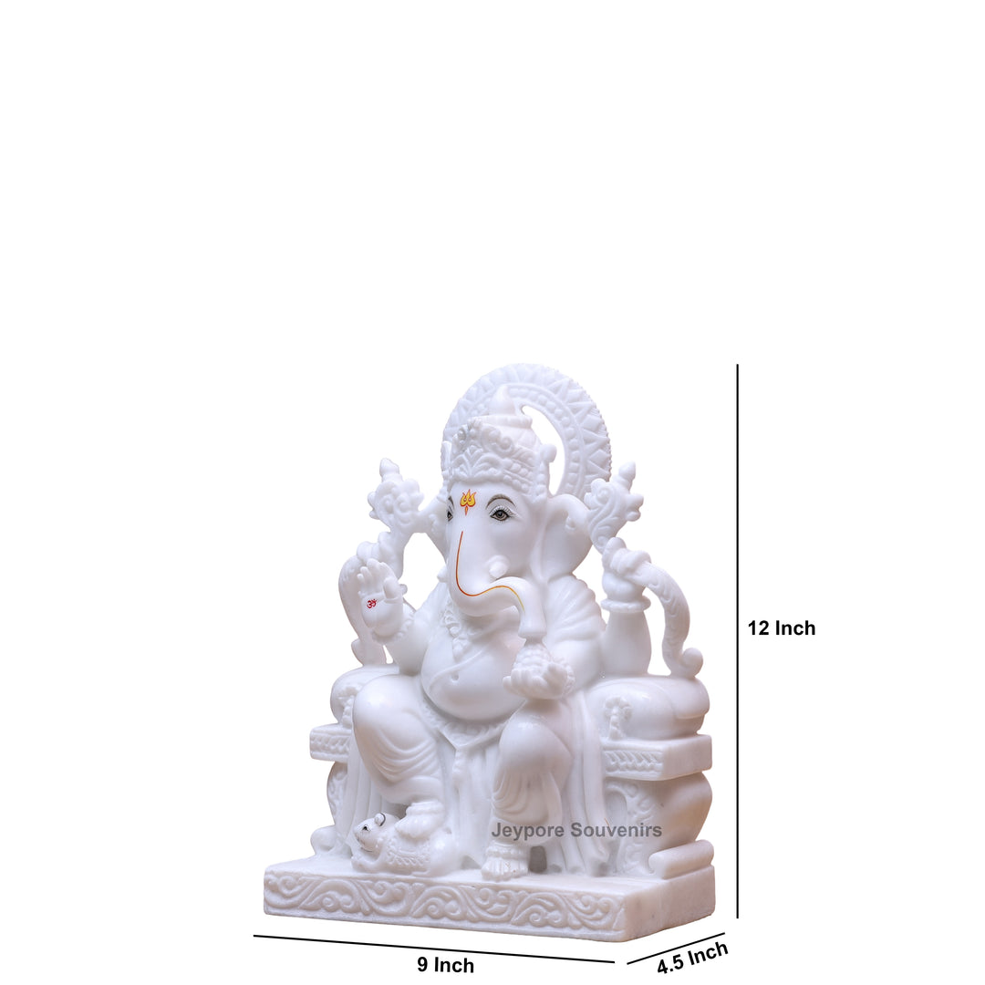 12" Pure White Marble Handcrafted Lord Ganesha Idol