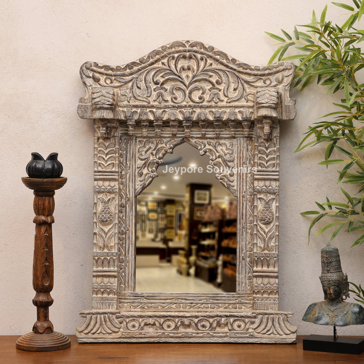 Hand-Carved Antique Rustic Wooden Wall Mirror