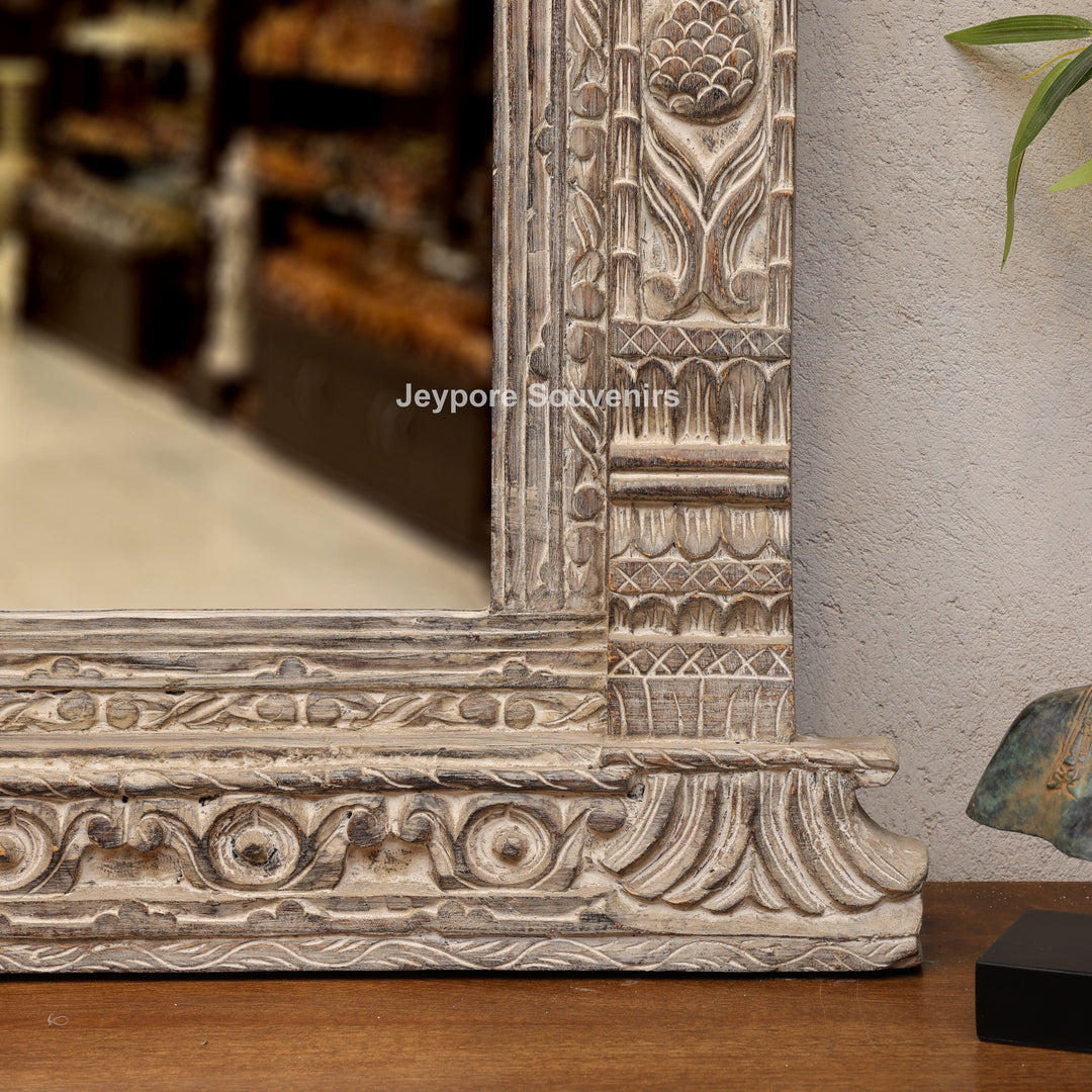 Hand-Carved Antique Rustic Wooden Wall Mirror