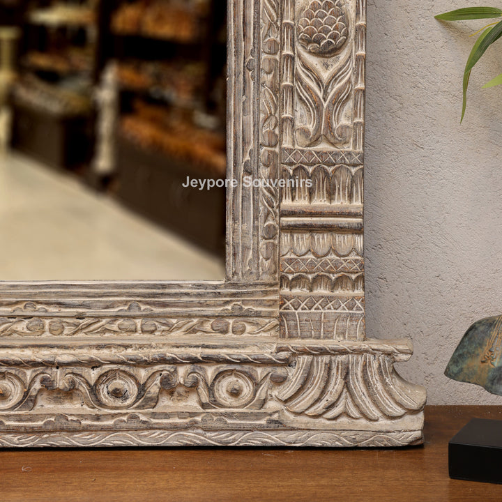 Hand-Carved Antique Rustic Wooden Wall Mirror
