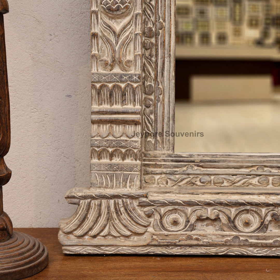 Hand-Carved Antique Rustic Wooden Wall Mirror