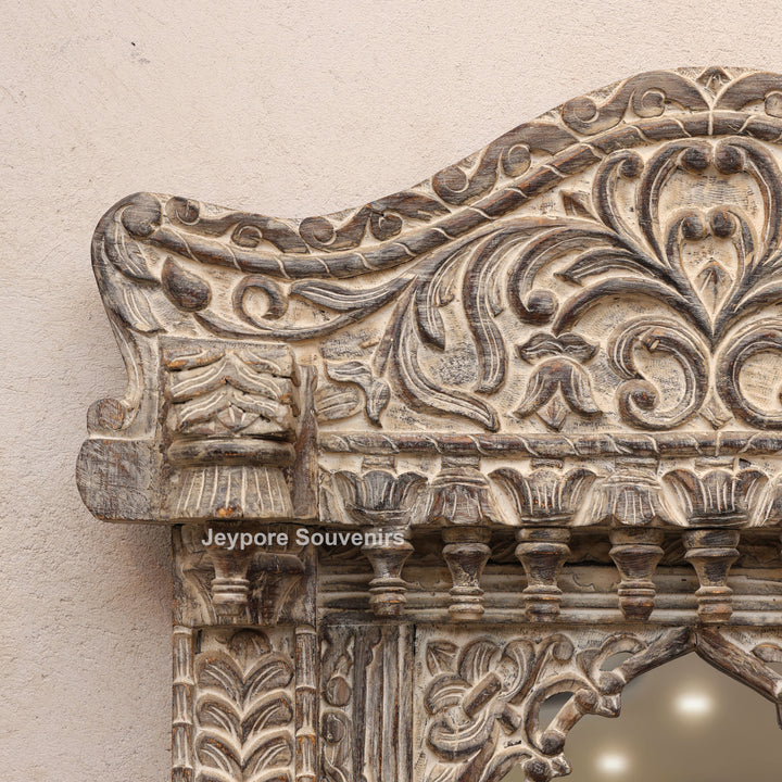 Hand-Carved Antique Rustic Wooden Wall Mirror