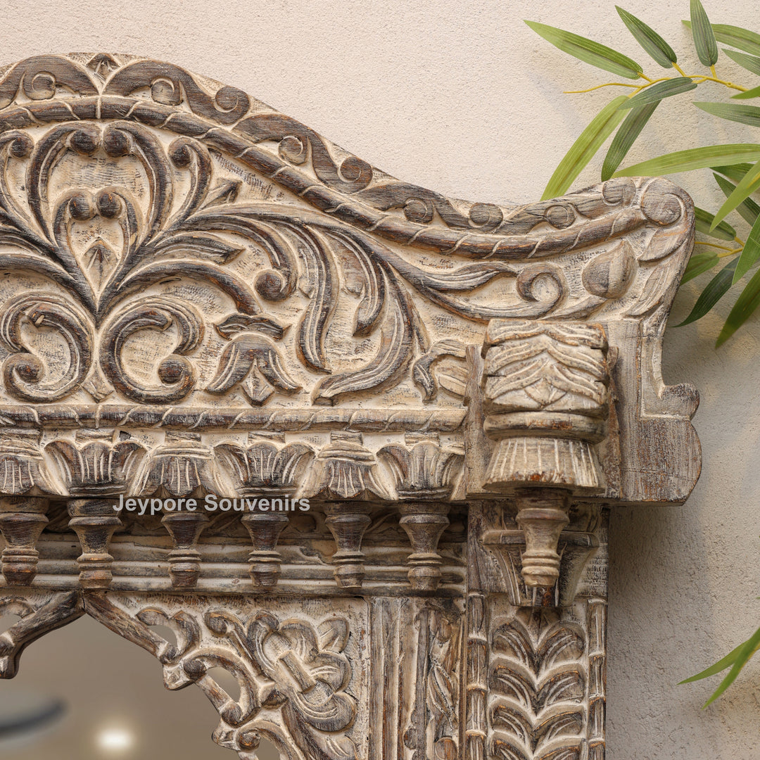 Hand-Carved Antique Rustic Wooden Wall Mirror