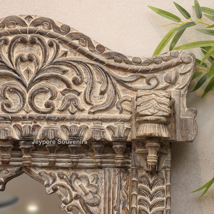 Hand-Carved Antique Rustic Wooden Wall Mirror