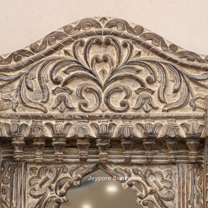 Hand-Carved Antique Rustic Wooden Wall Mirror