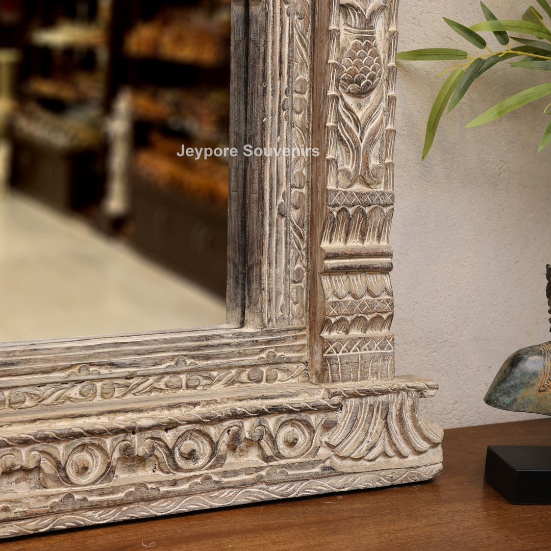 Hand-Carved Antique Rustic Wooden Wall Mirror