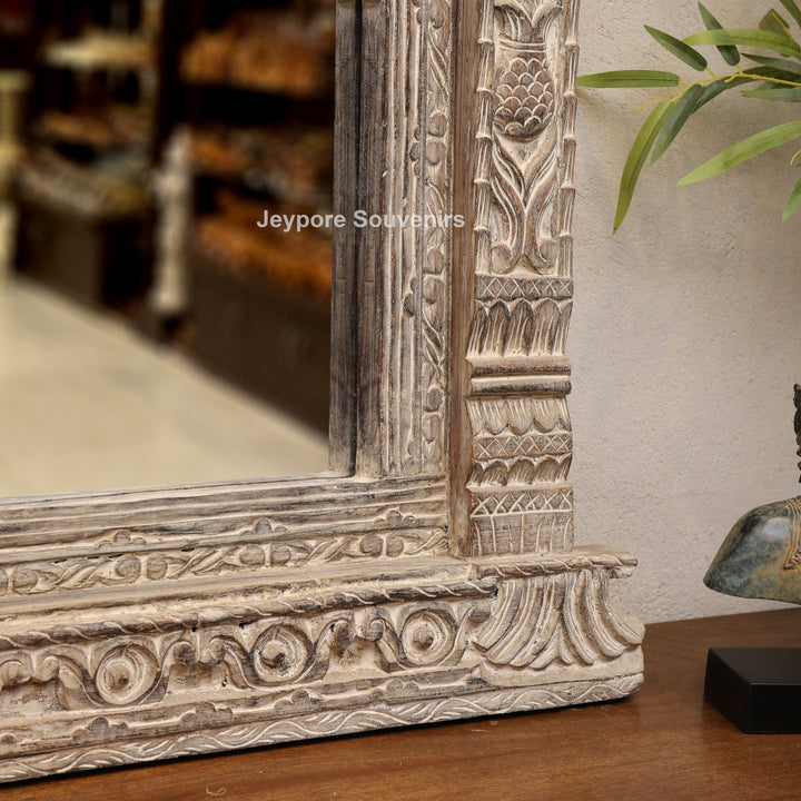 Hand-Carved Antique Rustic Wooden Wall Mirror