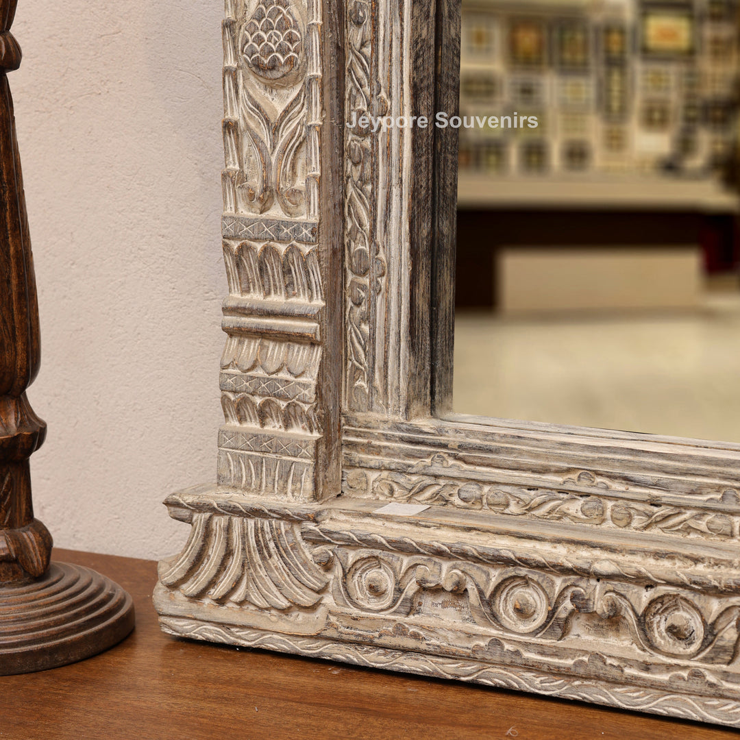Hand-Carved Antique Rustic Wooden Wall Mirror