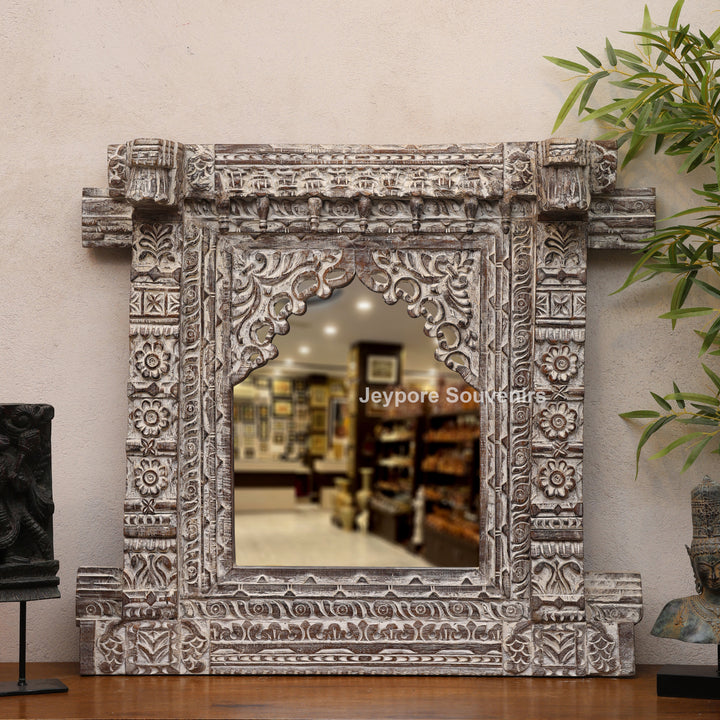 Hand-Carved Wooden Rustic Heritage Jharokha Wall Mirror Frame