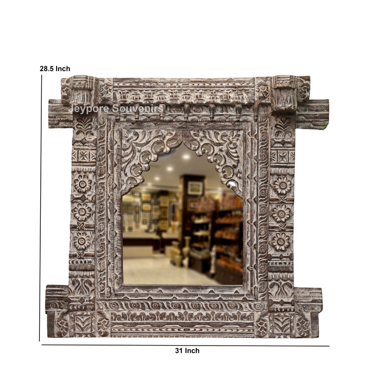 Hand-Carved Wooden Rustic Heritage Jharokha Wall Mirror Frame