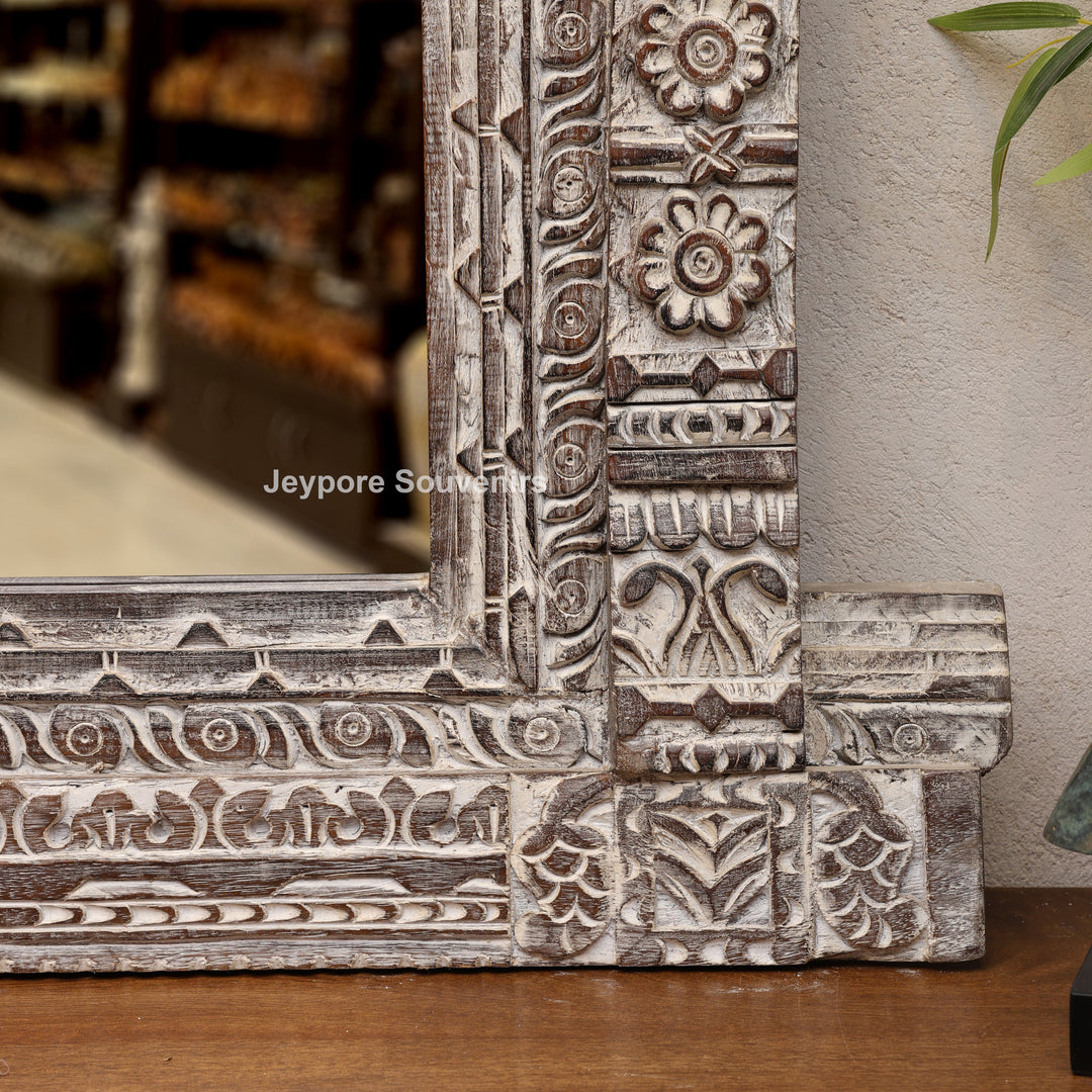 Hand-Carved Wooden Rustic Heritage Jharokha Wall Mirror Frame