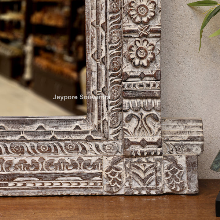 Hand-Carved Wooden Rustic Heritage Jharokha Wall Mirror Frame