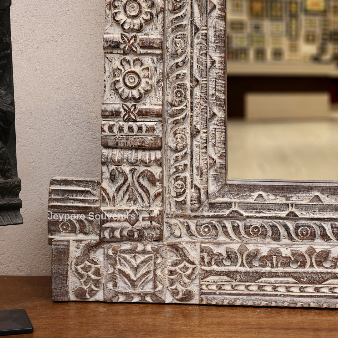 Hand-Carved Wooden Rustic Heritage Jharokha Wall Mirror Frame