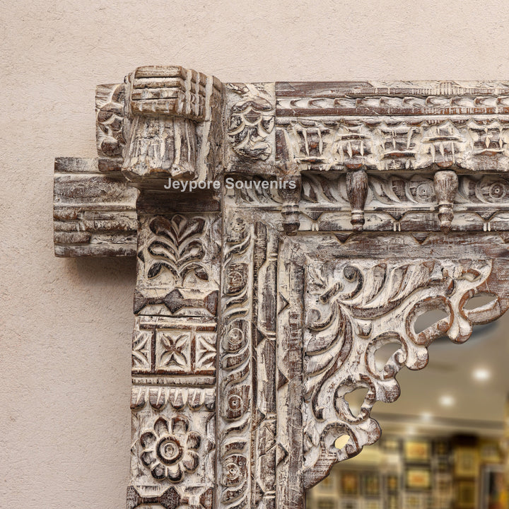 Hand-Carved Wooden Rustic Heritage Jharokha Wall Mirror Frame