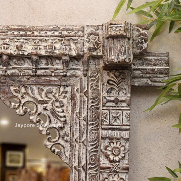 Hand-Carved Wooden Rustic Heritage Jharokha Wall Mirror Frame