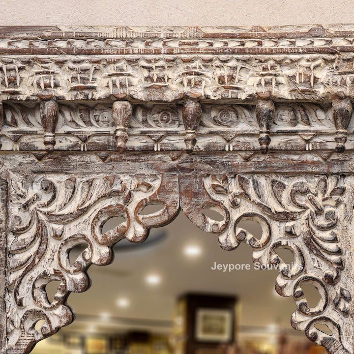 Hand-Carved Wooden Rustic Heritage Jharokha Wall Mirror Frame