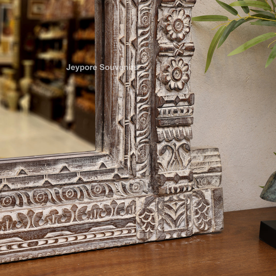 Hand-Carved Wooden Rustic Heritage Jharokha Wall Mirror Frame