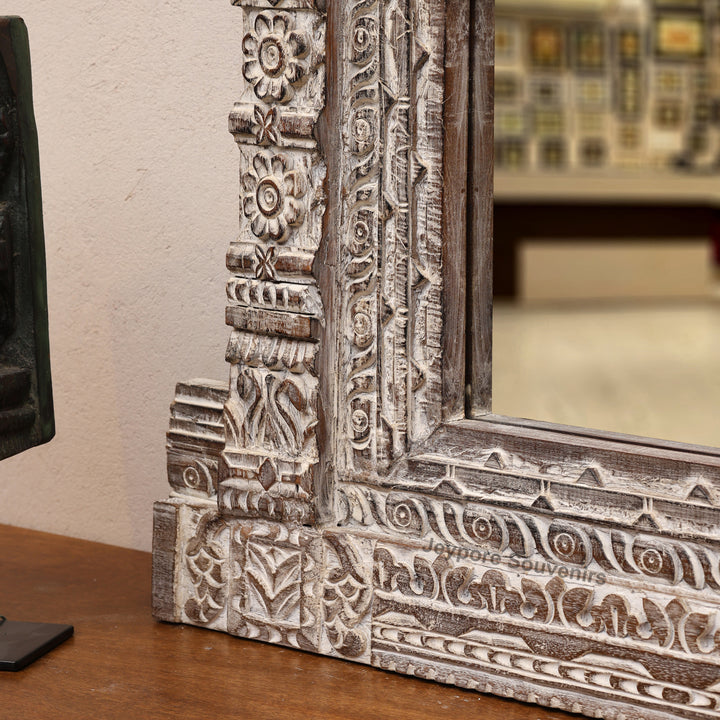 Hand-Carved Wooden Rustic Heritage Jharokha Wall Mirror Frame