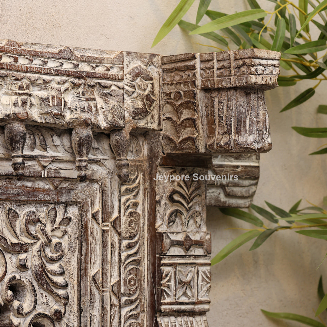 Hand-Carved Wooden Rustic Heritage Jharokha Wall Mirror Frame