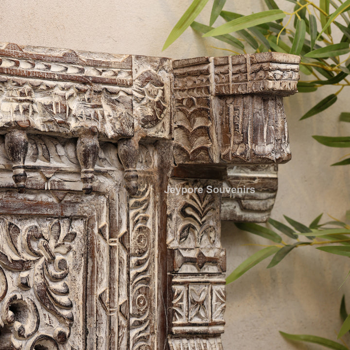 Hand-Carved Wooden Rustic Heritage Jharokha Wall Mirror Frame
