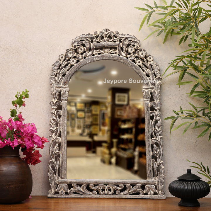 Hand-Carved Wooden Natural Finish Wall Mirror