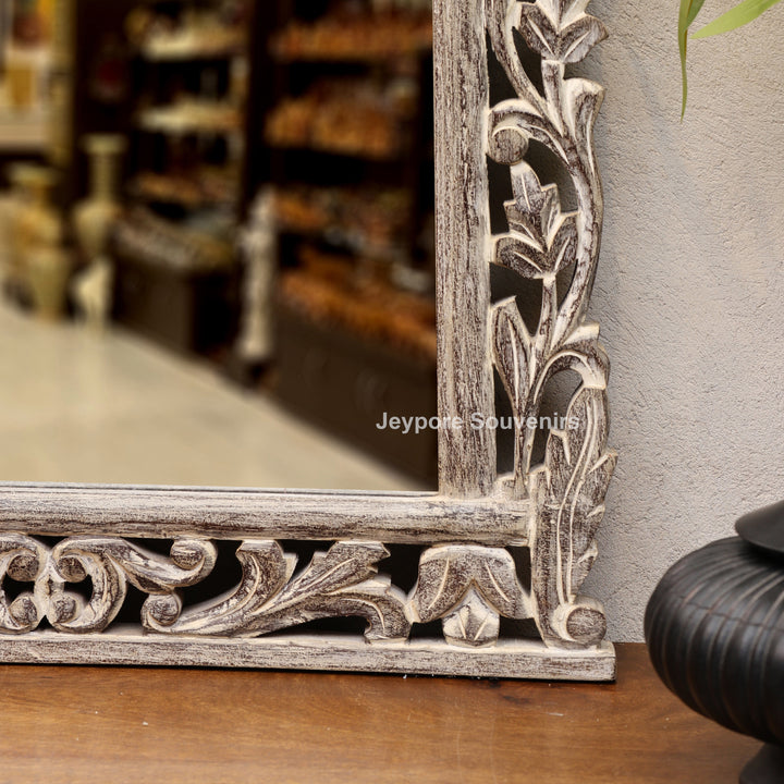 Hand-Carved Wooden Natural Finish Wall Mirror