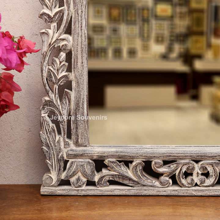 Hand-Carved Wooden Natural Finish Wall Mirror