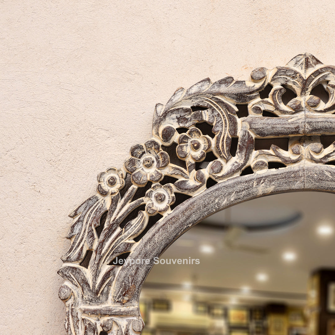 Hand-Carved Wooden Natural Finish Wall Mirror