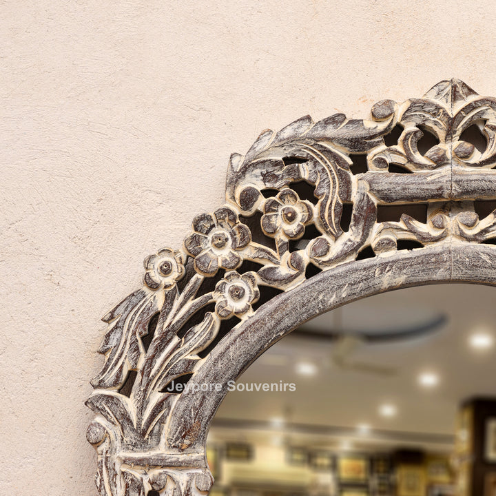 Hand-Carved Wooden Natural Finish Wall Mirror