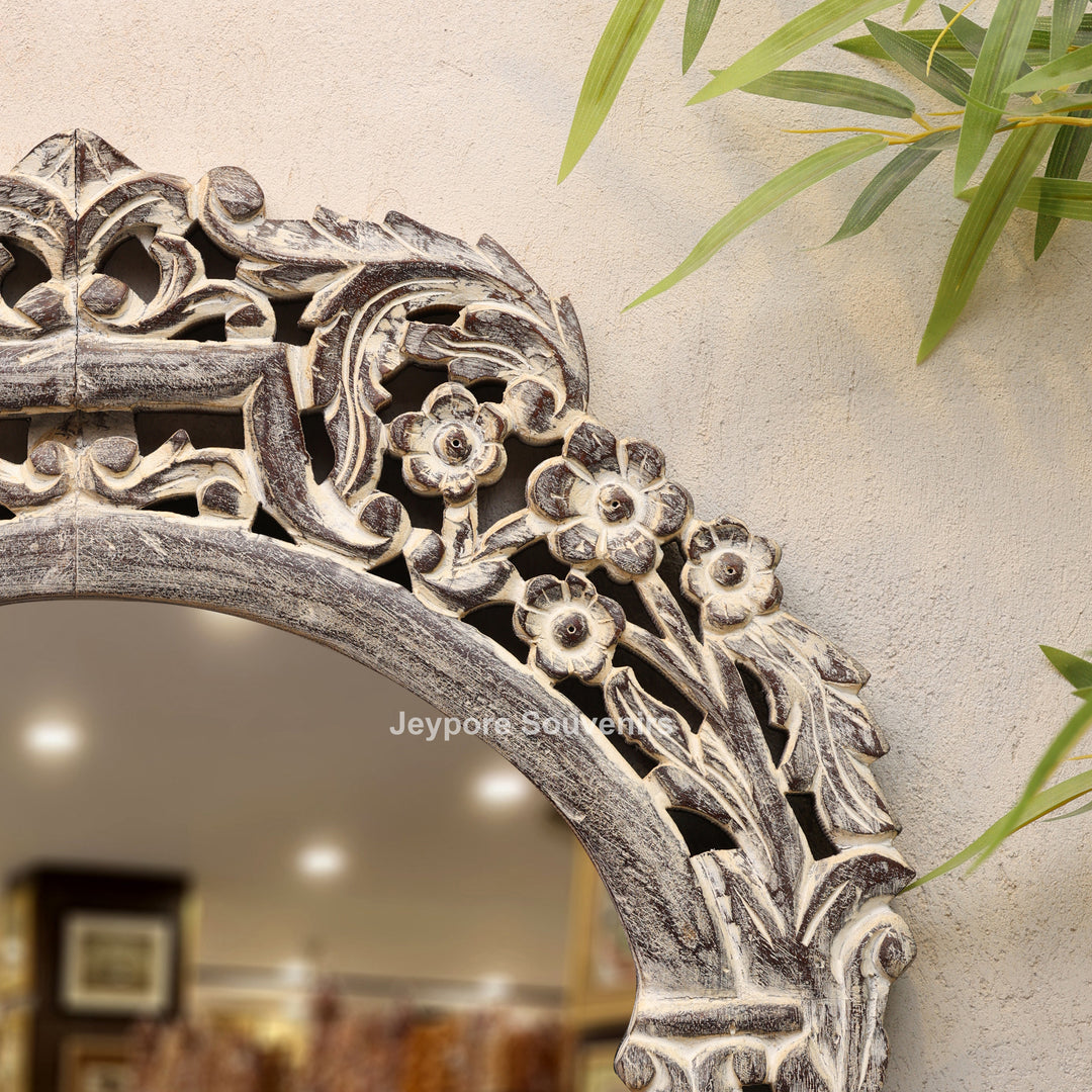 Hand-Carved Wooden Natural Finish Wall Mirror