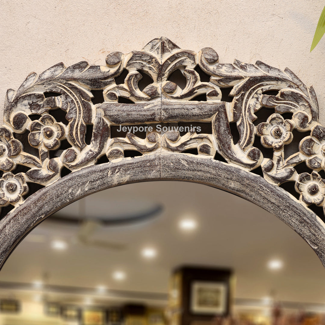 Hand-Carved Wooden Natural Finish Wall Mirror