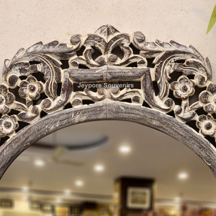 Hand-Carved Wooden Natural Finish Wall Mirror