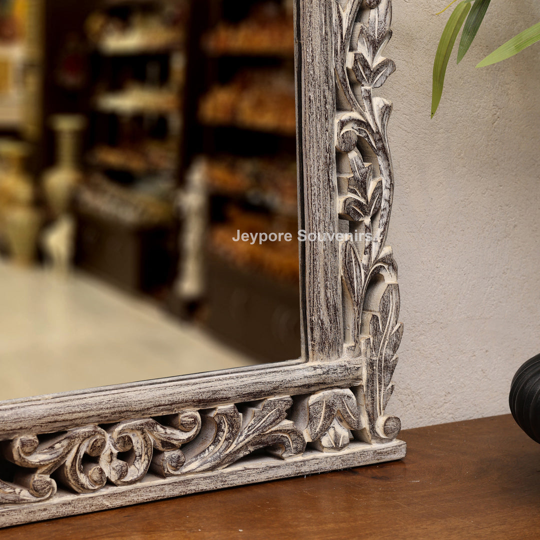 Hand-Carved Wooden Natural Finish Wall Mirror