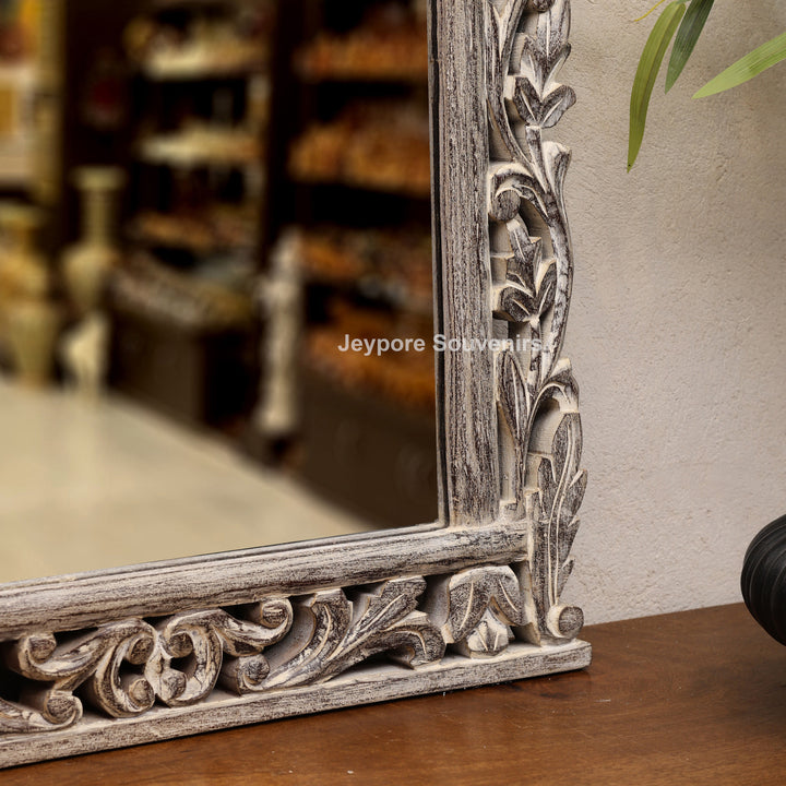 Hand-Carved Wooden Natural Finish Wall Mirror