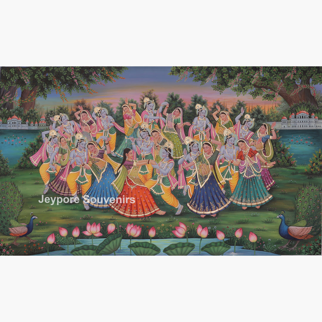 Hand-Painted Radha Krishna Playing Flute Dance Canvas Painting