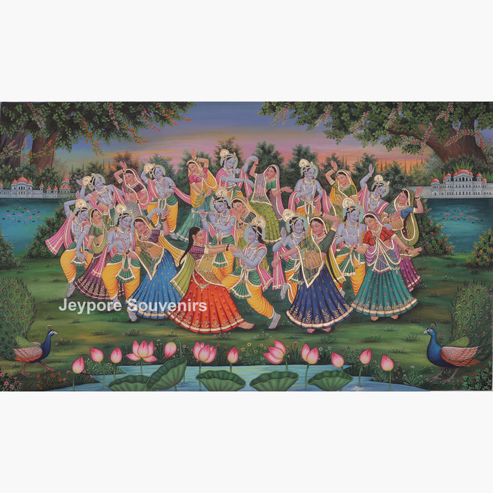 Hand-Painted Radha Krishna Playing Flute Dance Canvas Painting