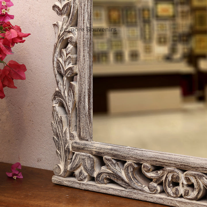 Hand-Carved Wooden Natural Finish Wall Mirror