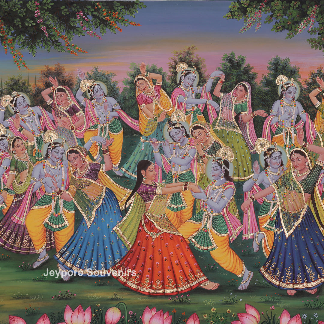 Hand-Painted Radha Krishna Playing Flute Dance Canvas Painting