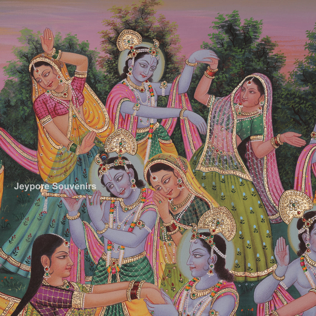 Hand-Painted Radha Krishna Playing Flute Dance Canvas Painting