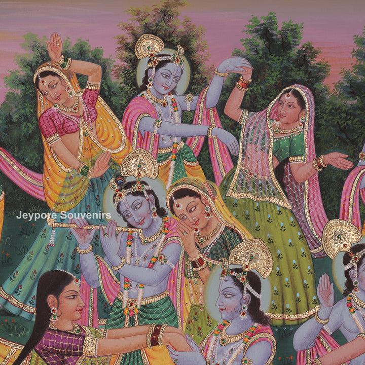 Hand-Painted Radha Krishna Playing Flute Dance Canvas Painting