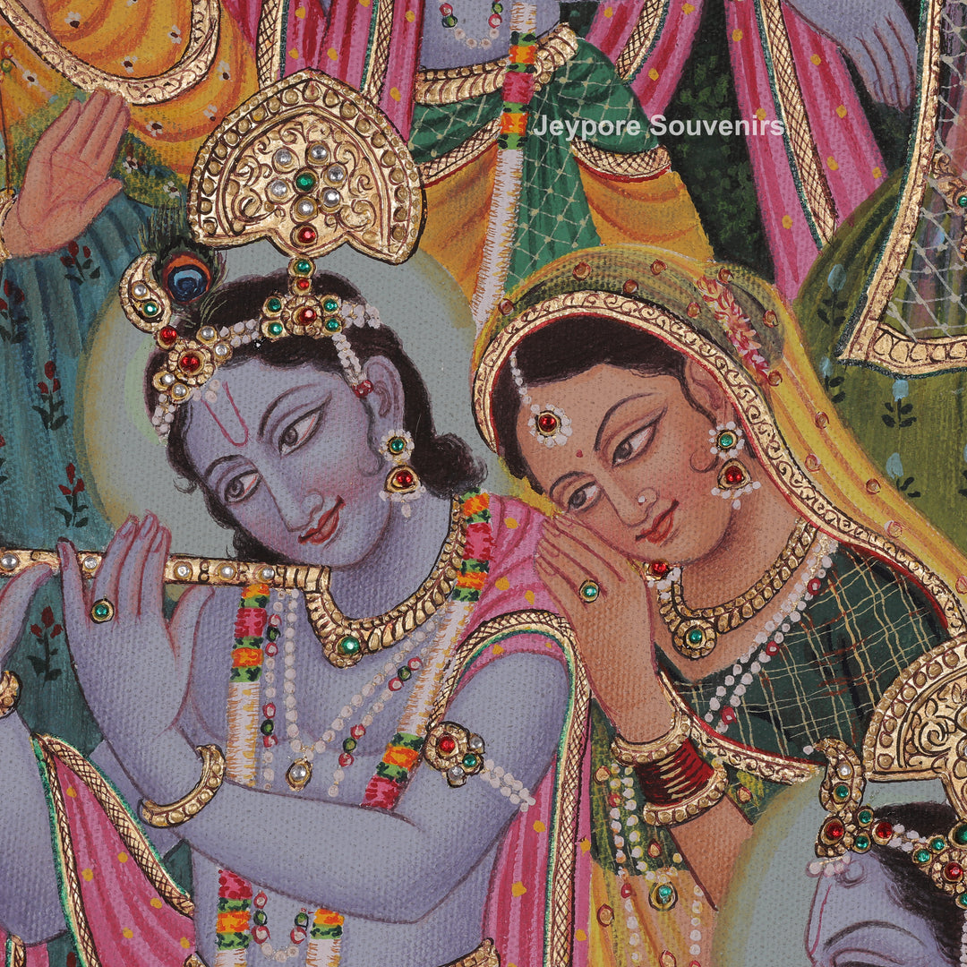 Hand-Painted Radha Krishna Playing Flute Dance Canvas Painting