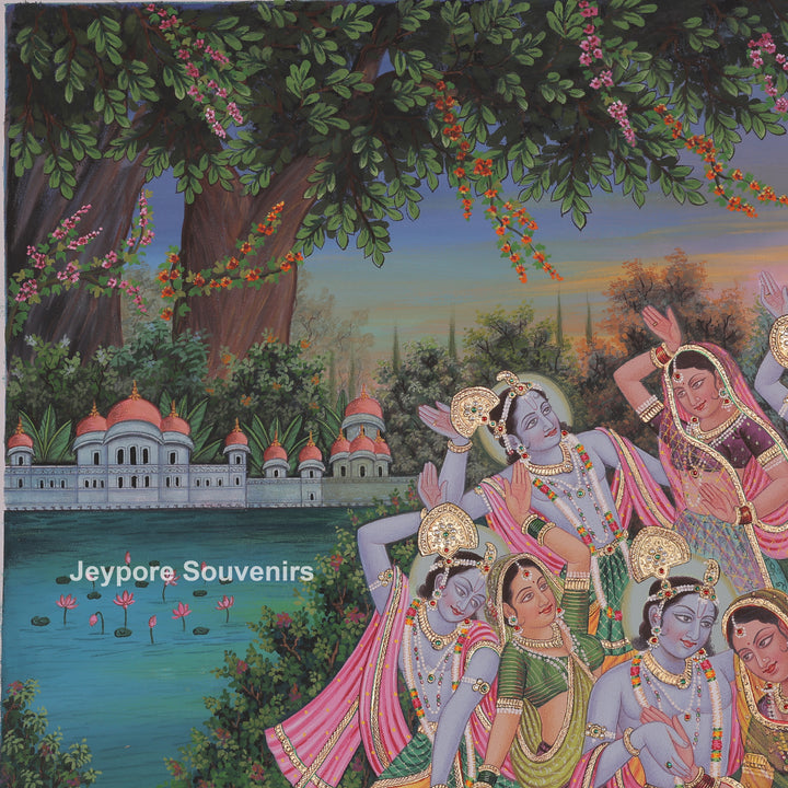 Hand-Painted Radha Krishna Playing Flute Dance Canvas Painting